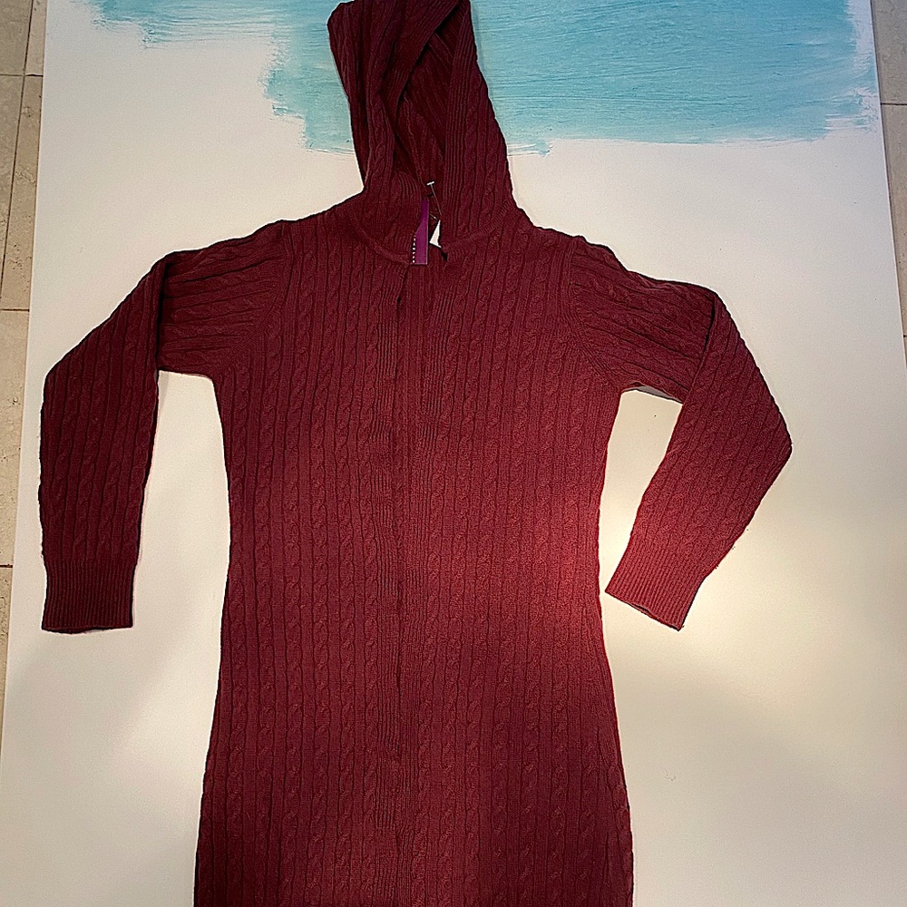 100% cashmere burgundy long hoodie new